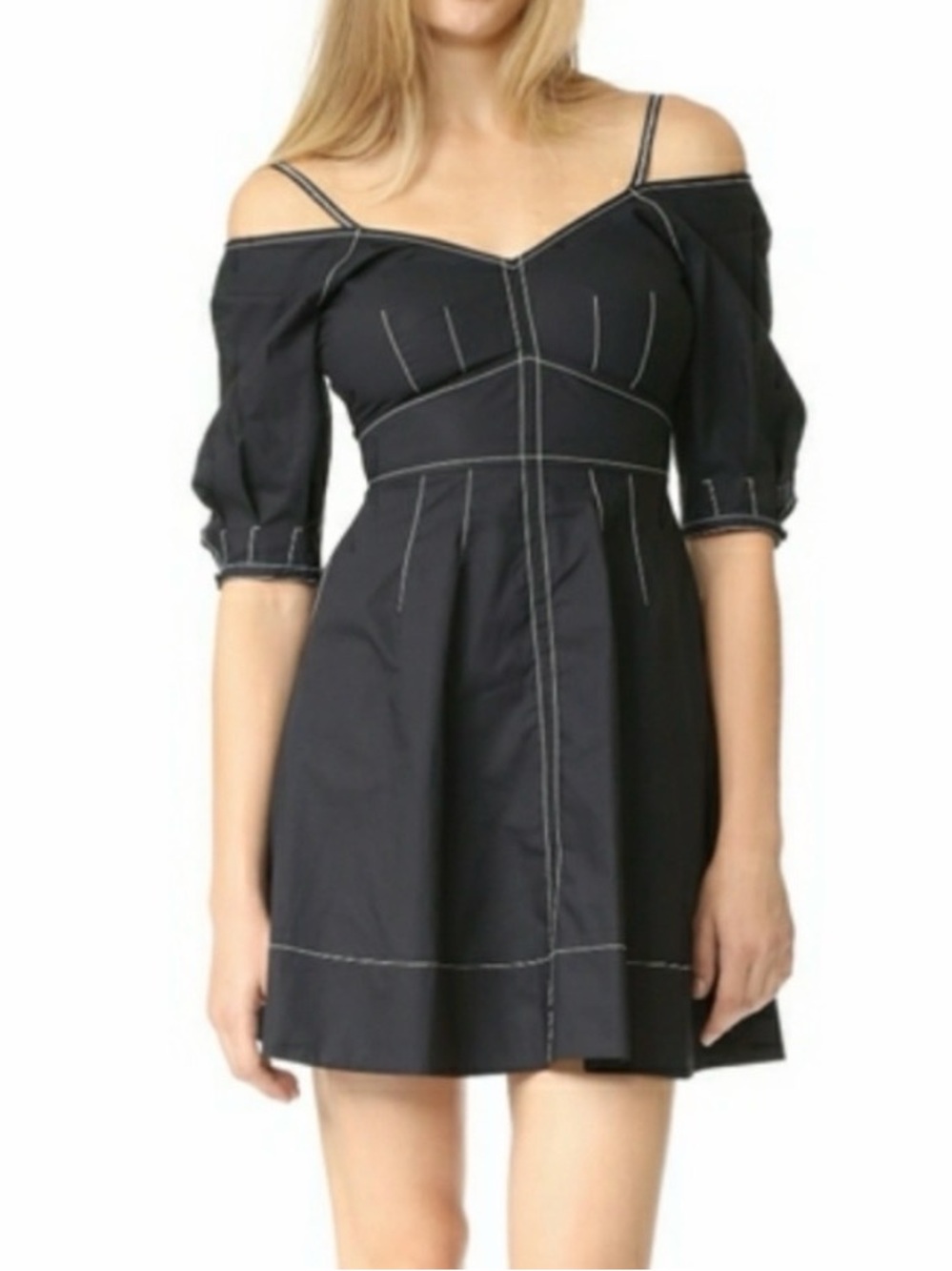 Derek Lam Crosby Black Off-The-Shoulder Contrast Stitch Poplin Dress- size 6